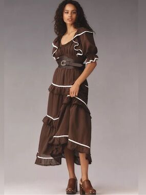 Anthropologie Chocolate Brown Ruffled Tiered Maxi Dress with White Trim